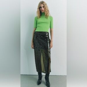 ZARA green sequin midi skirt size medium